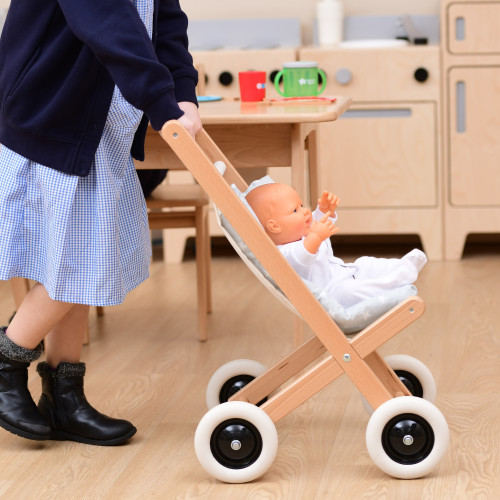 Role Play Wooden Buggy Pram Close up of Wheels