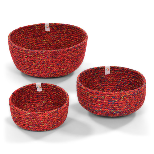 Set Of 3 Red Recycled Cotton Rope Baskets