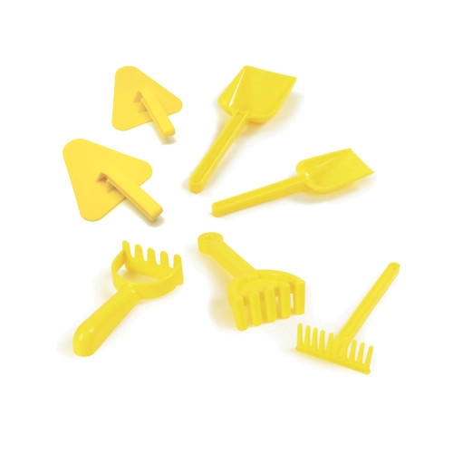 Set of x7 Yellow Plastic Sand Tools Trowel Spade Rake