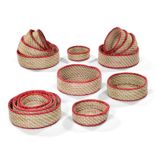 Set of x16 Red Trim Round Natural Storage Baskets for High Level Units