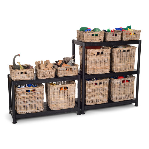 Black Shelving with Various sized Rattan Baskets